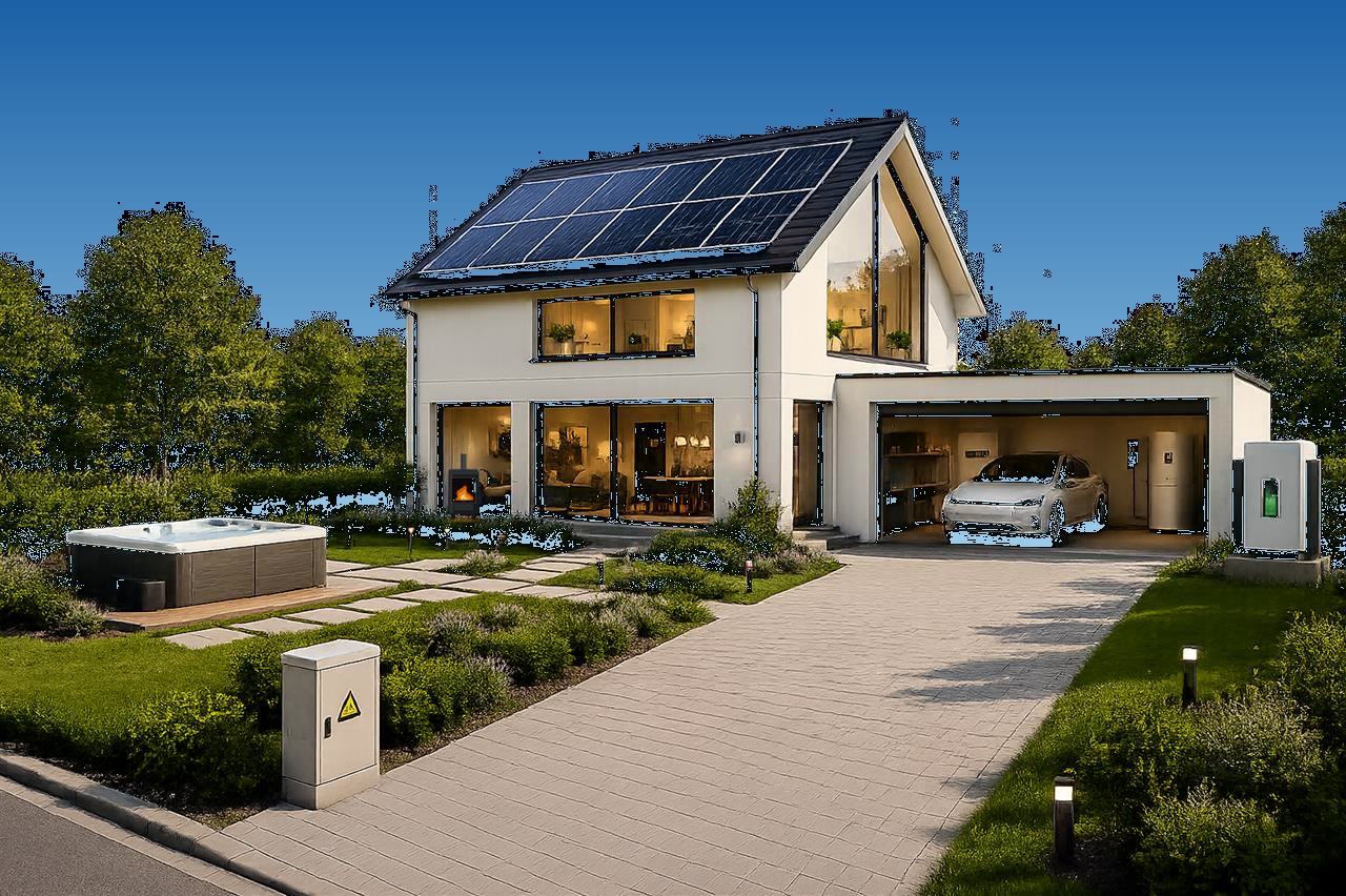 Maison équipée de panneaux photovoltaïques, de jour